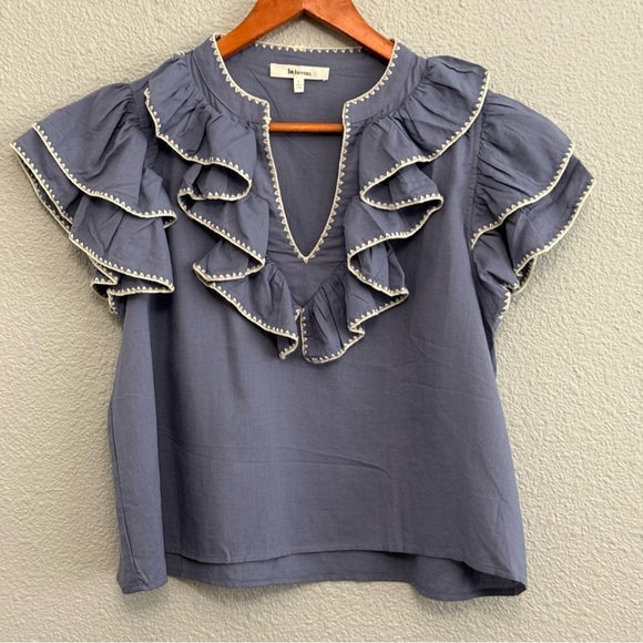 Dusty Blue Ruffle Short Sleeve V-neck Top NWOT - Picture 2 of 5